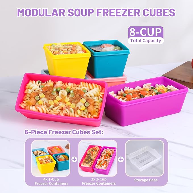 Gemice Silicone Freezer Molds with Lids, 6-Pack 1-Cup & 2-Cup | Oven & Dishwasher Safe, BPA-Free Soup Portion Cubes Trays, Freezer Containers for Food Storage