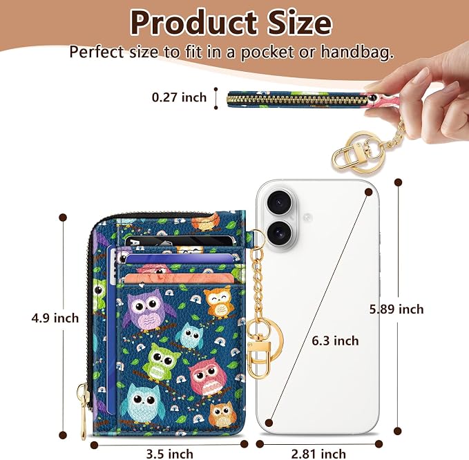 GIANCOMICS Slim Wallet Credit Card Holder Women, Owls Rfid Blocking Small Card Case, Keychain Thin Pocket Curved Zipper Wallet, Travel Card Holder PU Leather ID Window, Ladies Female Gifts