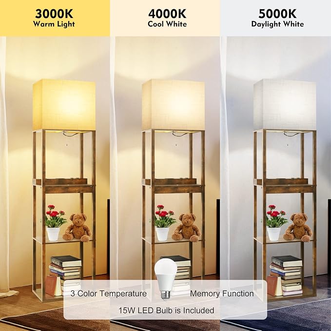 RUNTOP Floor Lamp with Shelves, Plus Shelf Lamp with Wireless Charger, 2 USB Port and Outlet, 1 Drawer, 15W LED Bulb, 3 Colors, Memory Function, Floor Lamps for Living Room, Standing Lamp for Bedroom