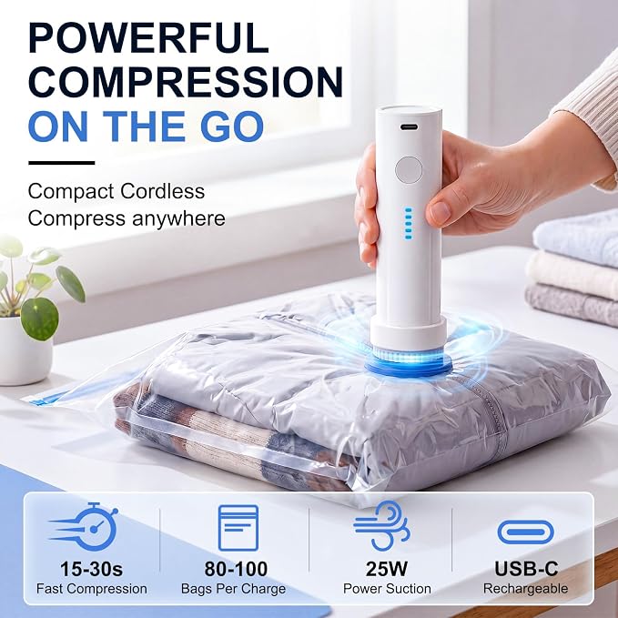 12 Pack Vacuum Storage Bags for Travel with Cordless Rechargeable Pump, Carry-On Compression Seal Bags for Luggage and Suitcase, Space Saver for Clothes and Packing