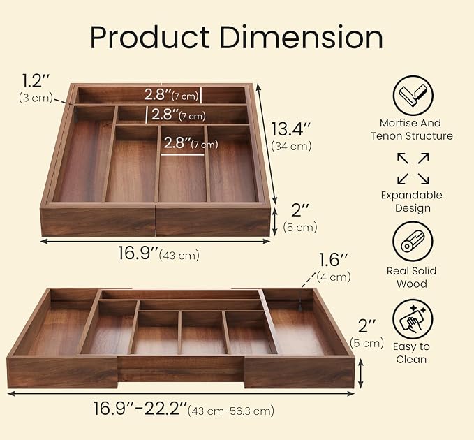 Fibogollo Expandable Kitchen Drawer Organizer,Acacia Wood Silverware Organizer,Adjustable Flatware Tray for Utensils(16.93 * 13.19~22.44 * 1.97)