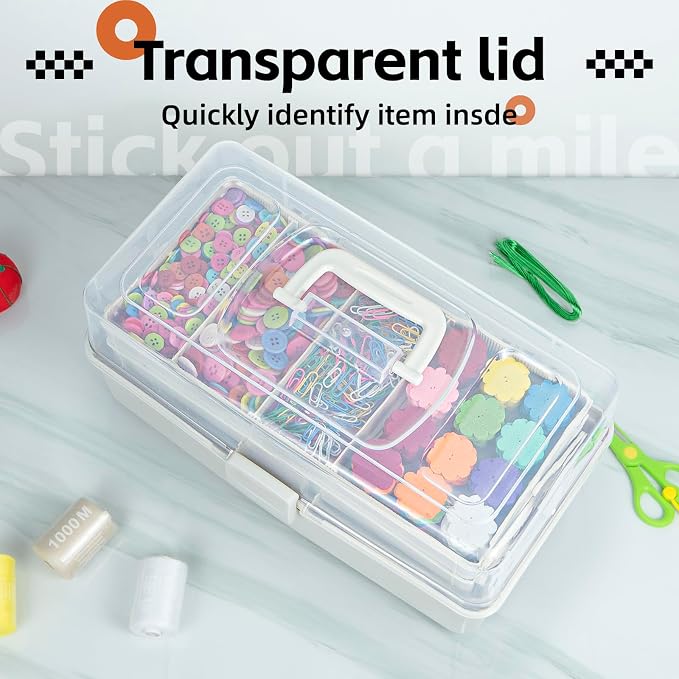 TERGOO 14in 3-Layer Multipurpose Craft Organizers and Storage with Adjustable Dividers, Portable Tackle Box, Folding Art & Craft Case for Medicine, Tool, Sewing Organizer (White, X-Large)