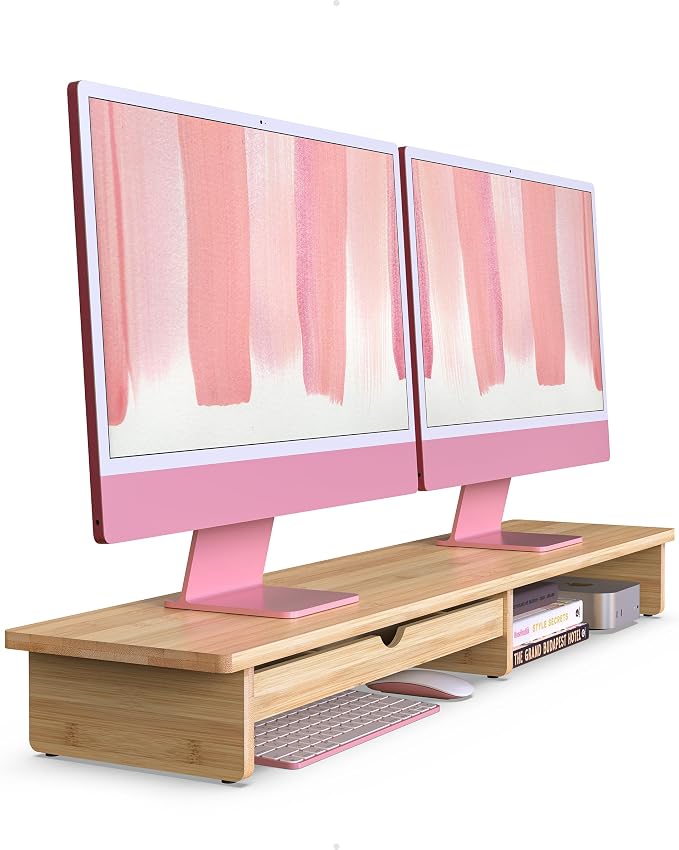 42” Monitor Stand with Large Drawer Keyboard Storage,Bamboo | Dual Computer Monitor Riser Shelf for 55-72 Inch Desk Aesthetic Workplace Computer Setup Desktop Organizer Easy Assembly