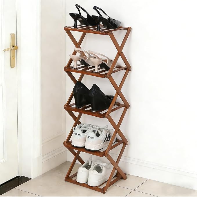 Bamboo Shoe Rack 5 Tier Foldable Shoe Rack for Entryway | Narrow Vertical Shoe Organizer Free Standing Shelf, Multifunctional Slim Storage for Bedrooms Living Room Corner