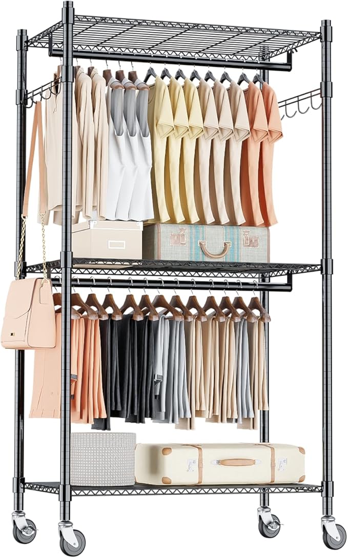 Homdox Heavy Duty Clothing Rack with 3 Tier Adjustable Wire Shelves, Garment Racks for Hanging Clothes, Double Rods Clothing Rack, Freestanding Closet Wardrobe with Side Hooks, Black