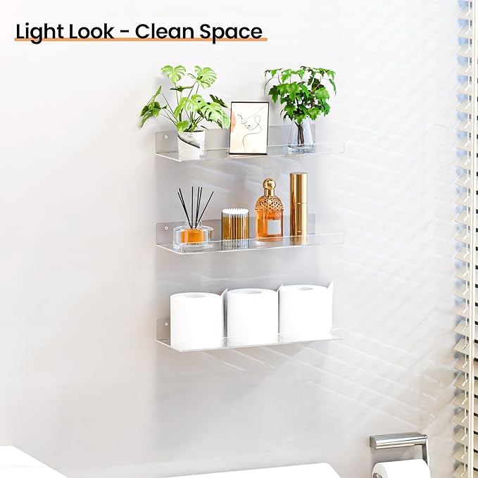 upsimples 15" x 6" Acrylic Shelves for Wall Storage and Organizer, 4 Pcs | Versatile Floating Shelf for Skincare, Bag, Wall Organizer for Bathroom, Bedroom, Living Room, Kitchen, Playroom, Room Décor