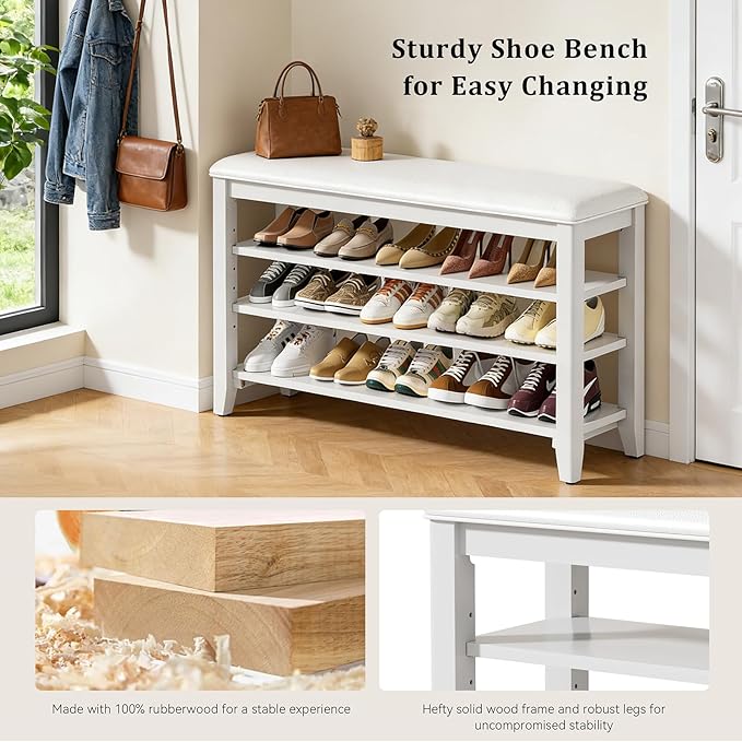 Taitiy Shoe Rack Bench Entryway Storage, Shoe Organizer Bench for Entryway, Ideal for Front Doors Entrances Hallway Mudroom Featuring Rubberwood and 3 Height-Adjustable Removable Shelve