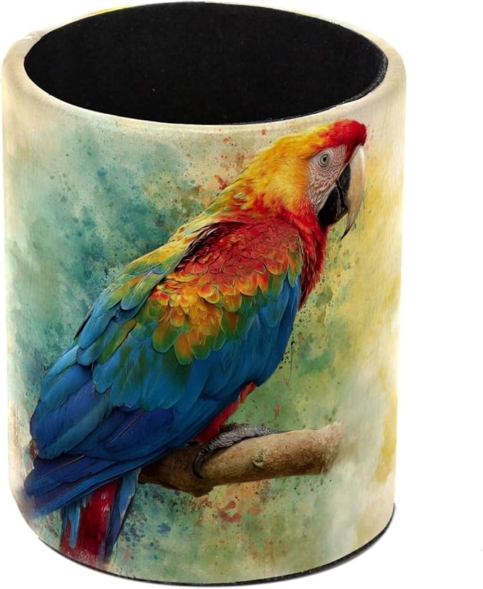 Retro Parrot Pattern Pen Holder Pencil Organizer for Desk, 3.1” x 3.1” x 3.9” Pencil Cup Office Supplies, Large Capacity Cute Pen and Makeup Brush Holder for Home, School, Desktop
