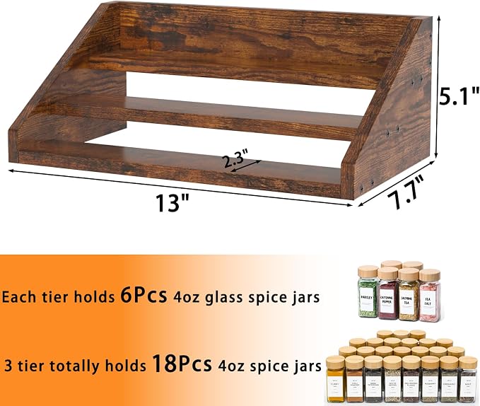 Spice Rack Organizer for Cabinet, Robust Wooden Display Riser Shelf Seasoning Organizer for Countertop Cupboard Pantry, Condiment Jar Kitchen Storage Holder Super Sturdy Stand, Rusitc Brown (3-Tier)