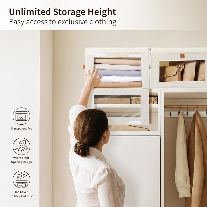 Homsorout Small Fabric Storage bins - Collapsible Storage Bins with Open Window, 5 Pack Closet Baskets for Shelves, Stackable Decorative Boxes for Home, Dorm, Beige, 13.7"x 9.8" x 9.8"