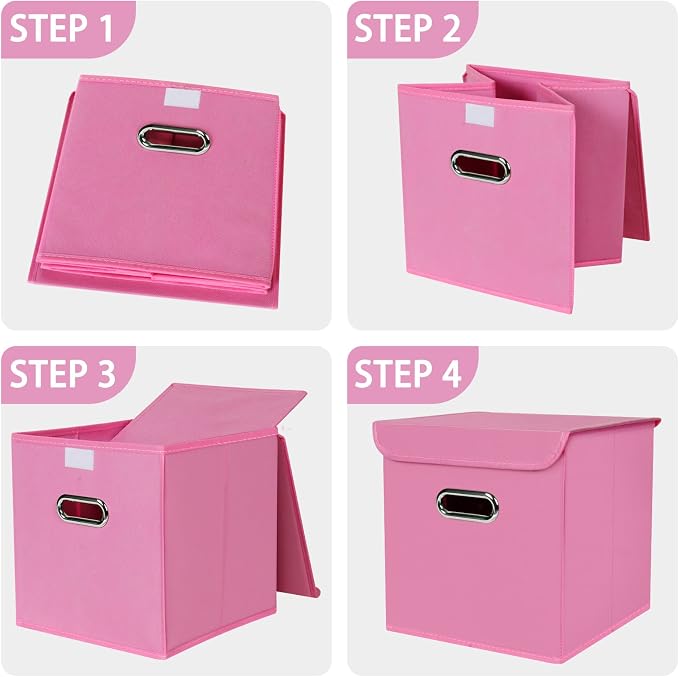 Closet Organizers Fabric Storage Bins With Lids Collapsible Cube Storages Organizer Basket With Handles,Storage Boxes for Clothes Storage,Office,Toys,3 Pack,（Pink