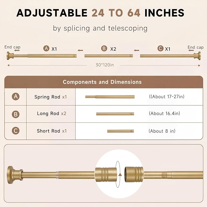 BRIOFOX Gold Tension Curtain Rod 24 to 64 Inch(2-5.3ft) - Stainless Steel Spring Tension Shower Curtain Rod, No Drilling Satin Gold Tension Rod for Curtains Windows Closet Kitchen