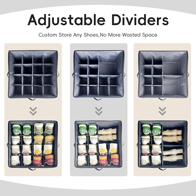 Shoe Organizer for Closet, 3 Pack Shoe Storage Bins with Clear Cover, Adjustable Dividers Fits 24-48 Pairs, Grey