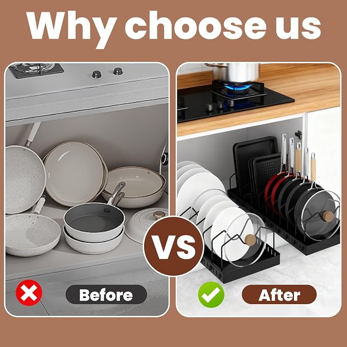 2 Pcs Pots and Pans Organizer Under Cabinet - Expandable Pull out Cabinet Organizer for Pots and Pans, Pan and Lid Organizers Inside Cabinet, Adjustable Storage Rack, Carbon Steel (Black)