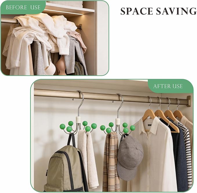 4-Pack 360° Swivel Hoodie Hangers with 6 Cedar Balls, Closet Organizer for Bra, Scarves, Belts, Purse & Accessories Storage-Green