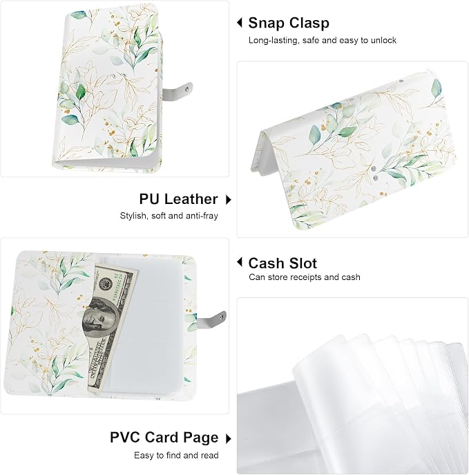 Rouidr Business Card Organizer, RFID Business Credit Card Holder with 96 Card Slots, Portable Leather Card Wallet for Women, Eucalyptus Leaf