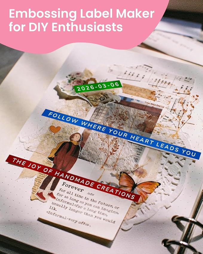 Embossing Label Maker Manual, Vintage Embossed Label Maker Pink, Retro Embosser Handheld Labeler with 3 Black Tapes 3/8Inch for DIY Scrapbooking, Kids Teachers Practical Gift, Home Office School Use