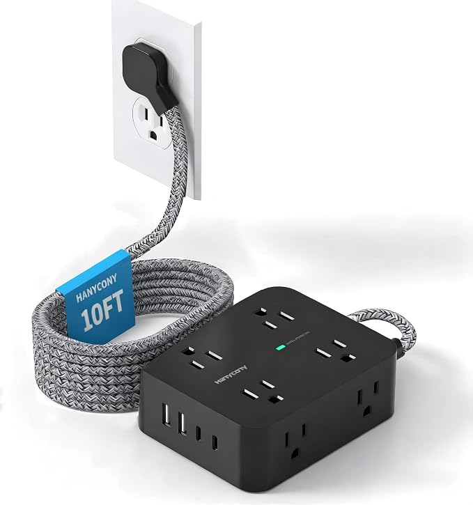 HANYCONY Surge Protector Power Strip 10 Ft, Flat Plug Extension Cord with 8 Outlets and 4 USB Ports(2 USB C), Wall Mount Outlet Extender Charging Station for Home Office Desk