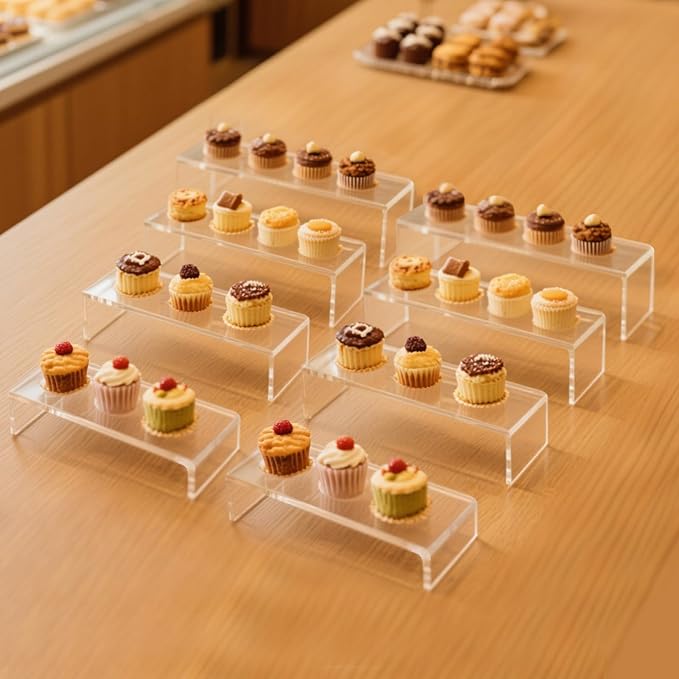 Acrylic Display Riser Stand, 12" 8Pc 5mm Tiered Shelf Risers for Cupcake | Clear multi-size plastic steps rack matching perfume, jewelry, pop collectibles. Stackable food buffet table setup