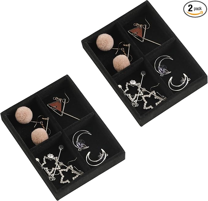 Frebeauty Small Jewelry Trays for Drawer,2 Pack 4 Grid Earring Organizer | Jewelry Display for Rings Stud,Jewelry Box Inserts,Drawer Inserts,Adjustable Dividers,Earring Organizer,Stackable,Mini Size