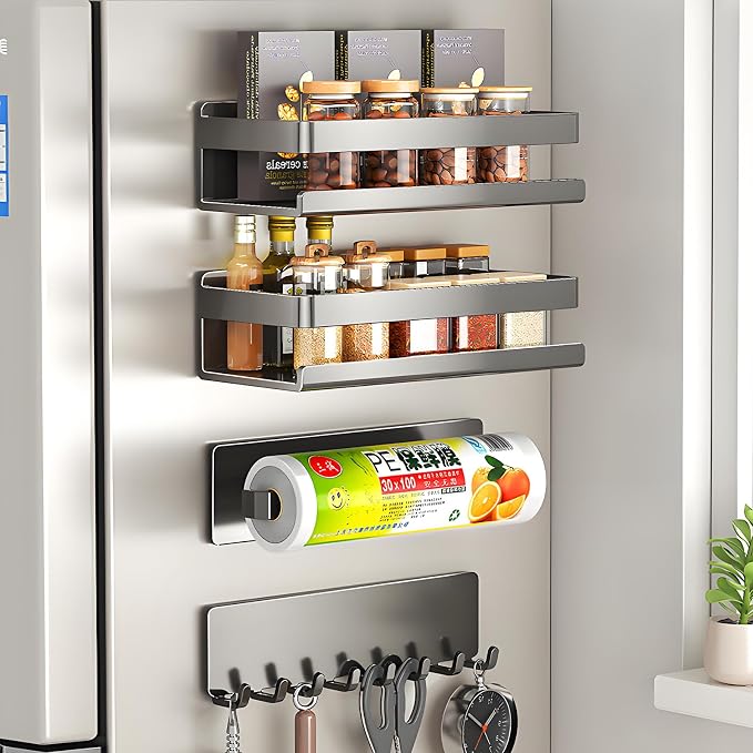 4 Pack Metal Magnetic Shelf, Small Kitchen Organization | Include Magnetic Spice Rack for Refrigerator,Magnetic Paper Towel Holder,Magnetic Hooks,Space-saving Storage rack