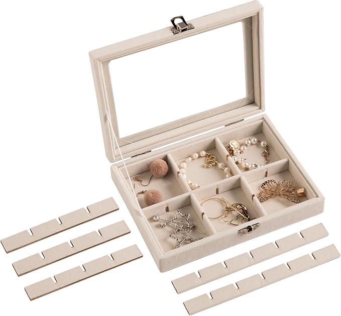 Frebeauty 24 Grid Earring Organizer,Small Velvet Jewelry Tray with Lid | Portable Jewelry Box for Rings Stud,Velvet Lining for Protecting Jewelry,Adjustable Dividers,Glass Lid for Clear Review