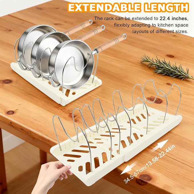 Expandable Pots and Pans Organizer Rack,with 10 Adjustable Compartments for Kitchen Cabinet or Under Sink 13"-23"Adjustable Pot Lid Holder for Cookie Sheets Cutting Boards Cookware(COLOR:White)