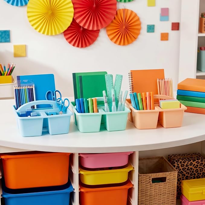 Kathfly 18 Pack Classroom Caddy Organizer with Handle, Plastic Art Craft Cleaning Caddy Bulk, Small Multipurpose Supply Organization Storage Basket for Table Desk Office Pencil Teacher (Morandi Color)