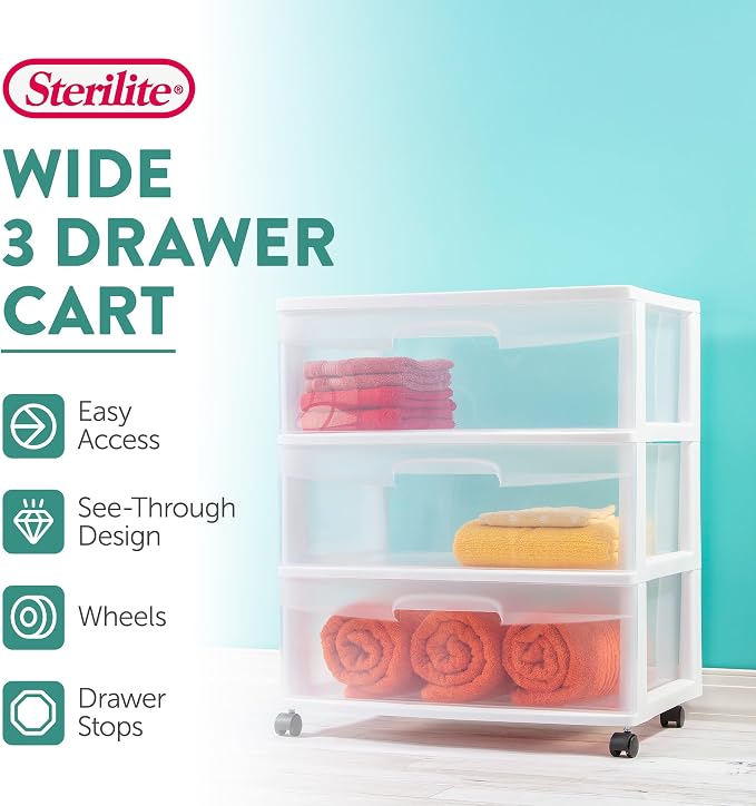 Sterilite Wide 3 Drawer Storage Cart, Plastic Rolling Cart with Wheels to Organize Clothes in Bedroom, Closet, White with Clear Drawers, 1-Pack
