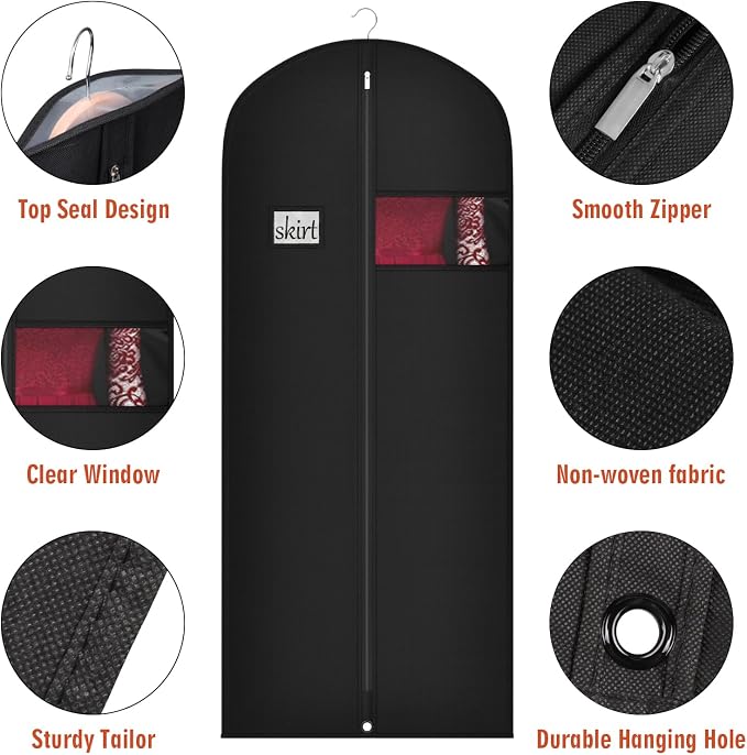 Univivi 60 Inch Long Garment Bags for Hanging Clothes, 5 Pack, Black | Breathable Dress Bag, Dustproof Hanging Garment Bag, Clear Window and ID Card Holder for Coats, Dresses