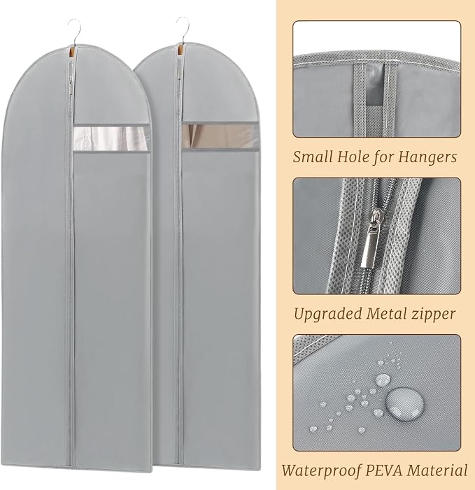 2 Pack 65" Long Dress Bags for Gowns, Dress Garment Bag for Hanging Clothes, Dress Cover with Clear Window for Dresses, Coats, Grey