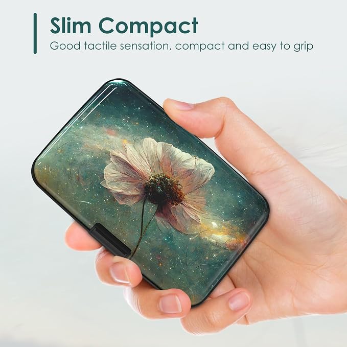 Mini Credit Card Holder, RFID Blocking Aluminum Hard Case, Small Metal Wallet for Business Travel, Starry Sky Flower