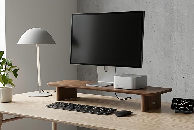 Walnut Single Monitor Stand Riser - 31.5" Wooden Monitor Stand for iMac, Laptop & Monitor, Minimalist Desk Shelf Organizer, Natural Wood Grain