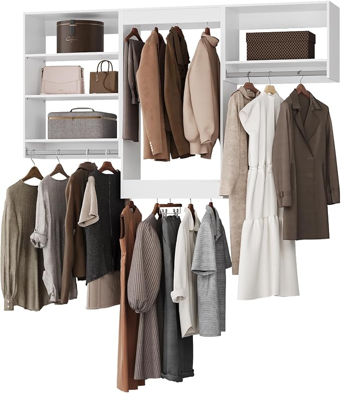 ROOMTEC Modular Closet System, 90" Closet Organizer with Hanging Rods, Wall-Mounted Wooden Tower for Walk-In Closets, Wardrobe Storage Kit, White