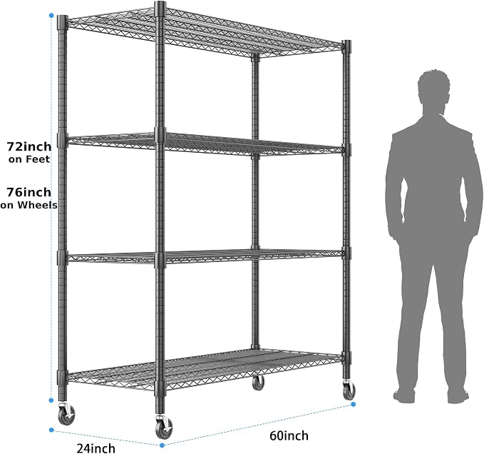 Homdox 60”W Storage Shelves, 4 Tier Heavy Duty Wire Shelving Unit with Wheels, 2400LBS Commercial Adjustable Metal Shelves for Storage, Garage Rack Pantry Shelves Kitchen Shelving, 24"x60"x72", Black