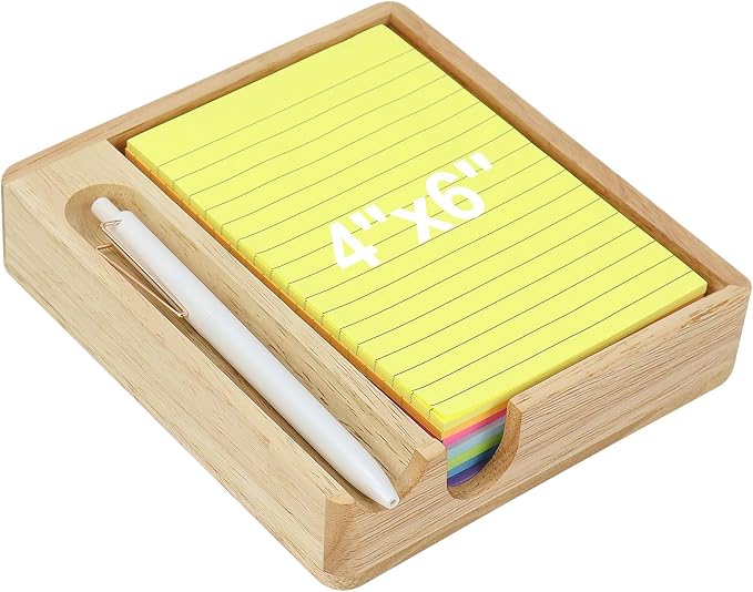 Buqoo Rubberwood Sticky Note Holder with Pen Slot 4x6 Memo Pad | Rubberwood sticky note holder with pen slot, fits 4x6 memo pads and features U-shaped opening for easy access