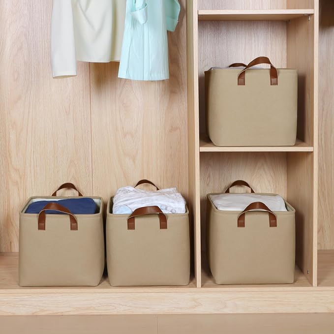 KEEGH Storage Baskets for Organizing Cube Storage 15 in, 4 Pack, Brown | Fabric Material, With Leather Handle, Closet Organization, Storage Bins for Living, Bedroom, Study