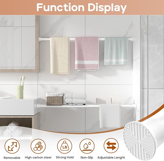 2 Pack Spring Tension Curtain Rods 24-46 Inches, Spring Loaded Curtain Rods No Drilling, Adjustable Expandable Tension Rod for Window Doorway Doorway Kitchen Curtain Bedroom Closet, White