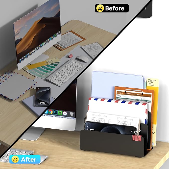 Mail Organizer Countertop, Small Desk File Organizer, Metal File Holder - Essential Workspace Organizers for Office Desk, Home Office (Black)