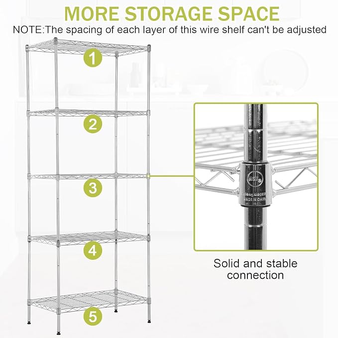 Meet perfect 5-Tier Wire Shelving Unit, 24" W x 14" D x 60" H Metal Storage Rack, NSF Certified Heavy Duty Garage Shelves, 750 lbs Capacity Adjustable Pantry Organizer for Kitchen, Laundry, Office