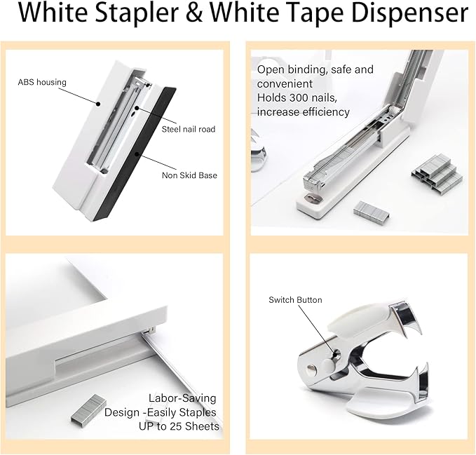 White Office Supplies, Shellvcase White Desk Accessories, Stapler and Tape Dispenser Set for Women with Stapler, Tape Dispenser, Staple Remover, Staples, Clips, Scissor and Pens for Students