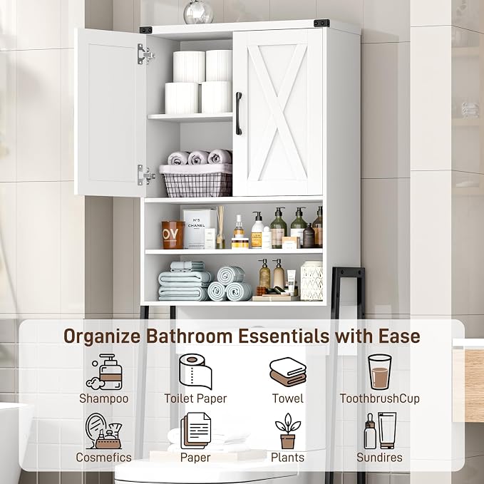 Vabches Over The Toilet Storage Cabinet, Farmhouse Over Toilet Storage Cabinet, Metal Frame with 2 Barn Doors, Home Space-Saving Toilet Rack for Bathroom, Toilet, Laundry Room.