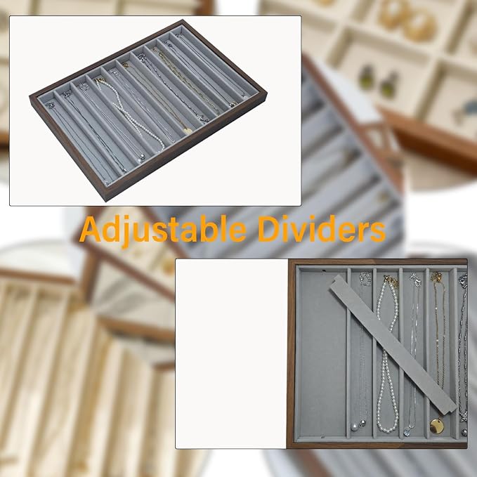 Large Jewelry Trays for Drawers Stackable Velvet Jewelry Display for Vendors Jewelry Drawer Organizer Inserts for Rings Necklace Bracelets Earrings and Studs Earrings (Gray, 10 Grid)