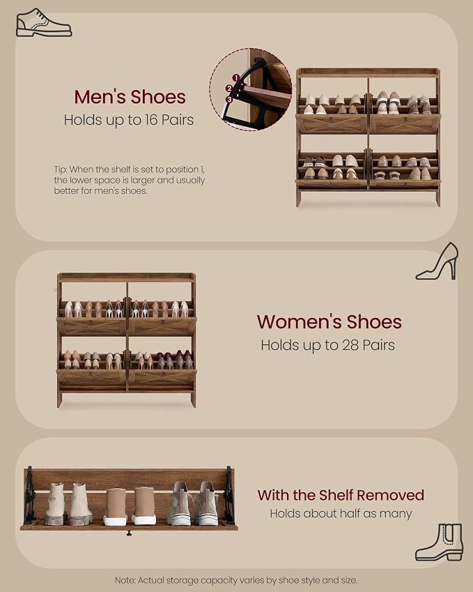 VASAGLE Shoe Storage Cabinet Organizer with 4 Flip Drawers, Freestanding Narrow Shoe Rack Cabinet for Entryway, Farmhouse Style, Fits 14 to 16 Pairs, Warm Earth Brown UHSC403KB01