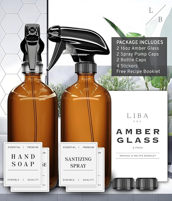 LiBa Amber Glass Spray Bottles 2 Pack 16oz Refillable Adjustable Nozzle | Amber glass blocks UV, safe for essential oils, bleach, vinegar, mist or stream