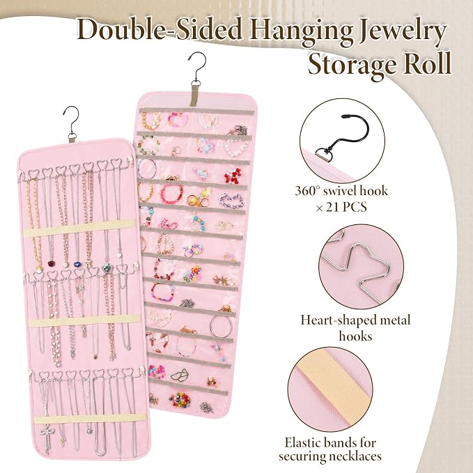 2 Pack Hanging Jewelry Organizer Storage with 48 Pockets and Hooks Dual-Sided Hanging Jewelry Organizers and Storage Hang on Closet, Wall, Door for Earrings, Necklaces, Rings,Pink