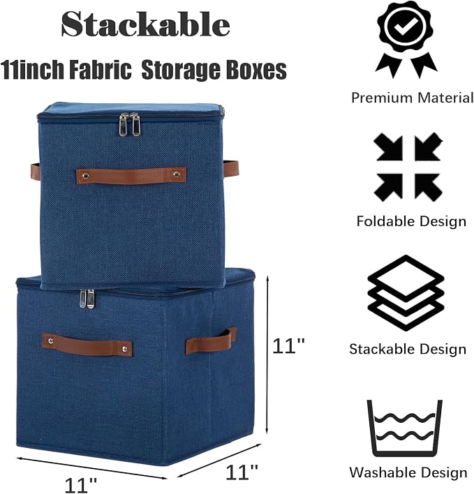11inch Storage Boxes Cubes with Zipper Lid Collapsible Fabric Lidded Storage Bins Baskets PU Leather Handle Cotton Linen Decorative Shelf Closet Organizer Container (Blue, 1PCS)