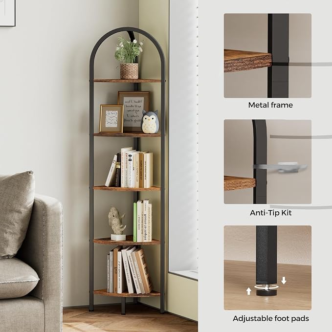 Homhedy 5-Tier Arched Corner Shelf Stand, Wall Corner Bookshelf | Metal Frame, Plant Stand, Industrial Storage Rack Shelf for Living Room, Bedroom, Office, Bathroom, Rustic Brown