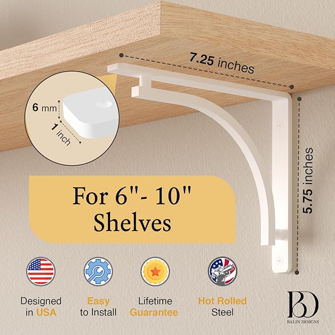 Classic White Heavy Duty Shelf Brackets 8 inch by Balin Designs – L Bracket, Wall Mounted Support, Shelving Metal Bracket, Decorative Shelf Brackets, with Hardware Included, Set of 4