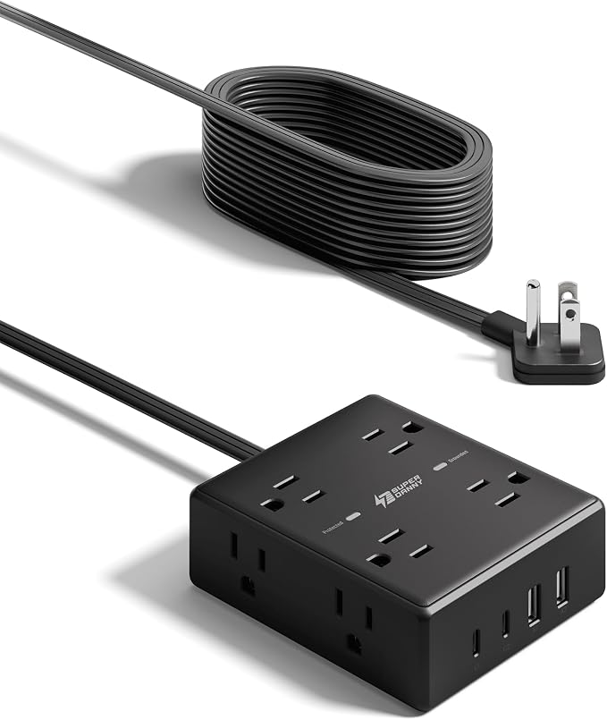 SUPERDANNY Extension Cord,Flat Plug Surge Protector Power Strip,15Ft | 8 AC & 4 USB Ports (2 USB C),Surge Protector with 1050J,Desk Charging Station for Home Office,College Dorm Room Essentials